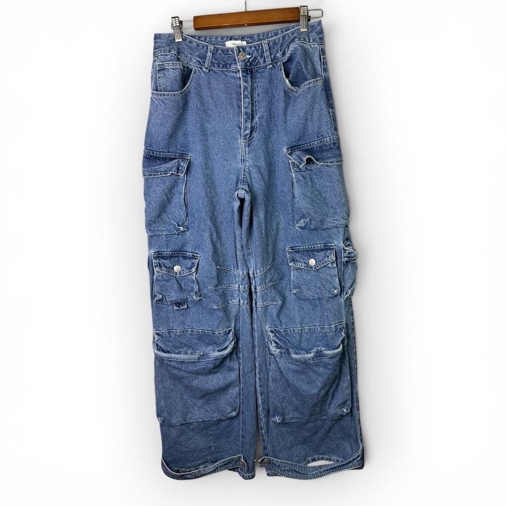 Forever 21 Wide Leg Cargo Jeans Size 28 Blue Skater Grunge Baggy Utility Pants